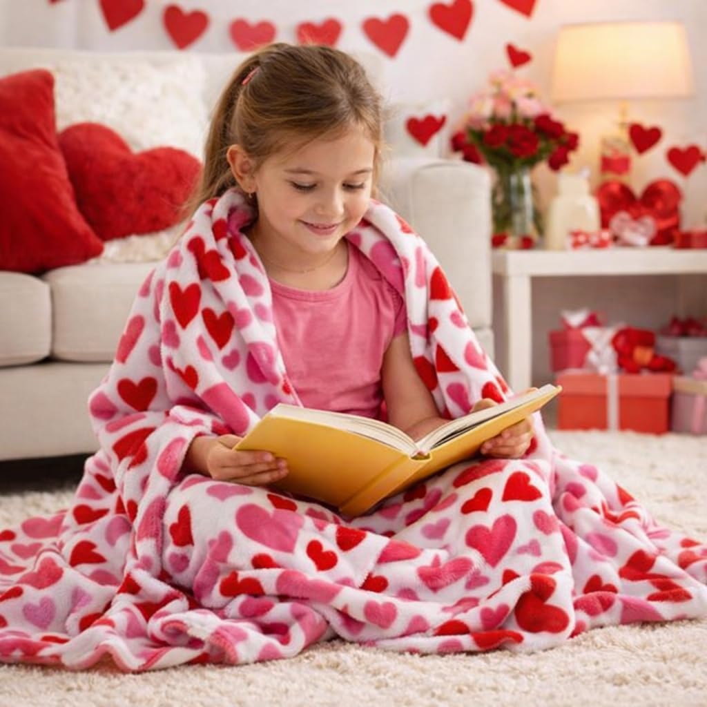 Valentine's Fleece Throw Blanket: 50" x 60" Pink and Red Love Hearts Soft Velour, Accent for Couch Sofa Bed (Pink Red Hearts) - Image 2