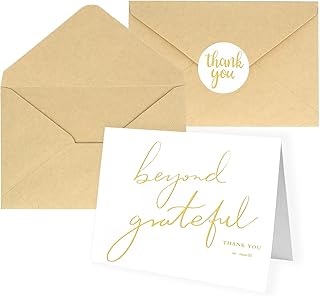 Beyond Grateful Thank You Cards with Envelopes 20 Pack, 4”x 6” Gold Foil Thank You Notes Blank Inside with Stickers for Baby Shower Wedding Birthday Small Business Bridal Shower Funeral
