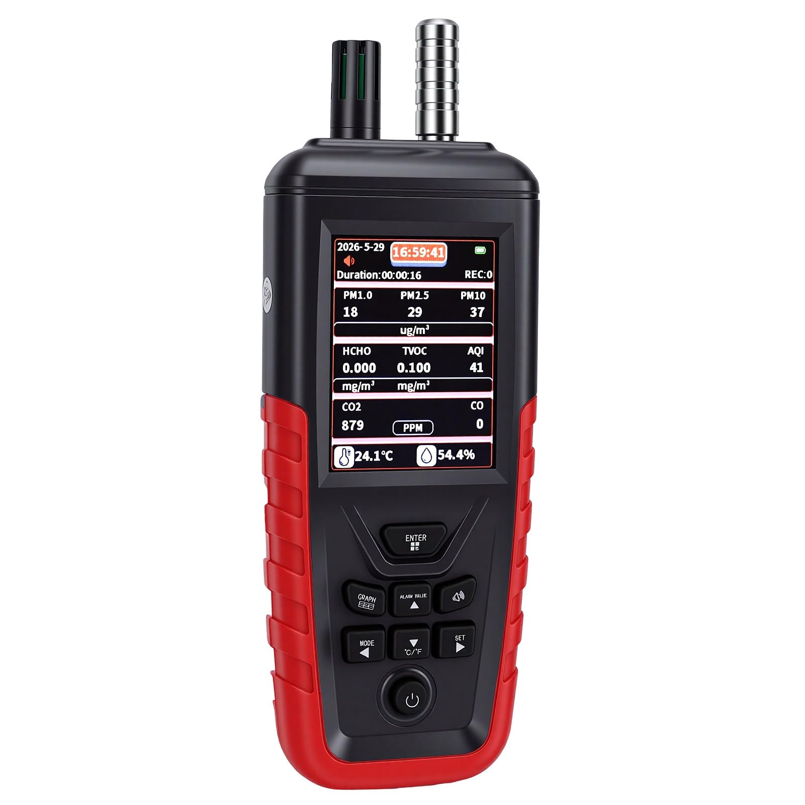 Monitor de Calidad del Aire, Analizador Portátil Profesional para CO2, CO, PM2.5, Uso Interior y Exterior, Batería de 2200 MAh