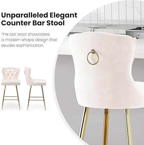 Miniatura 4 de Farini Juego de 4 taburetes de bar, de terciopelo con patas de metal, botones copetudos y ribete de cabezas de clavos, sillas de bar con respaldo