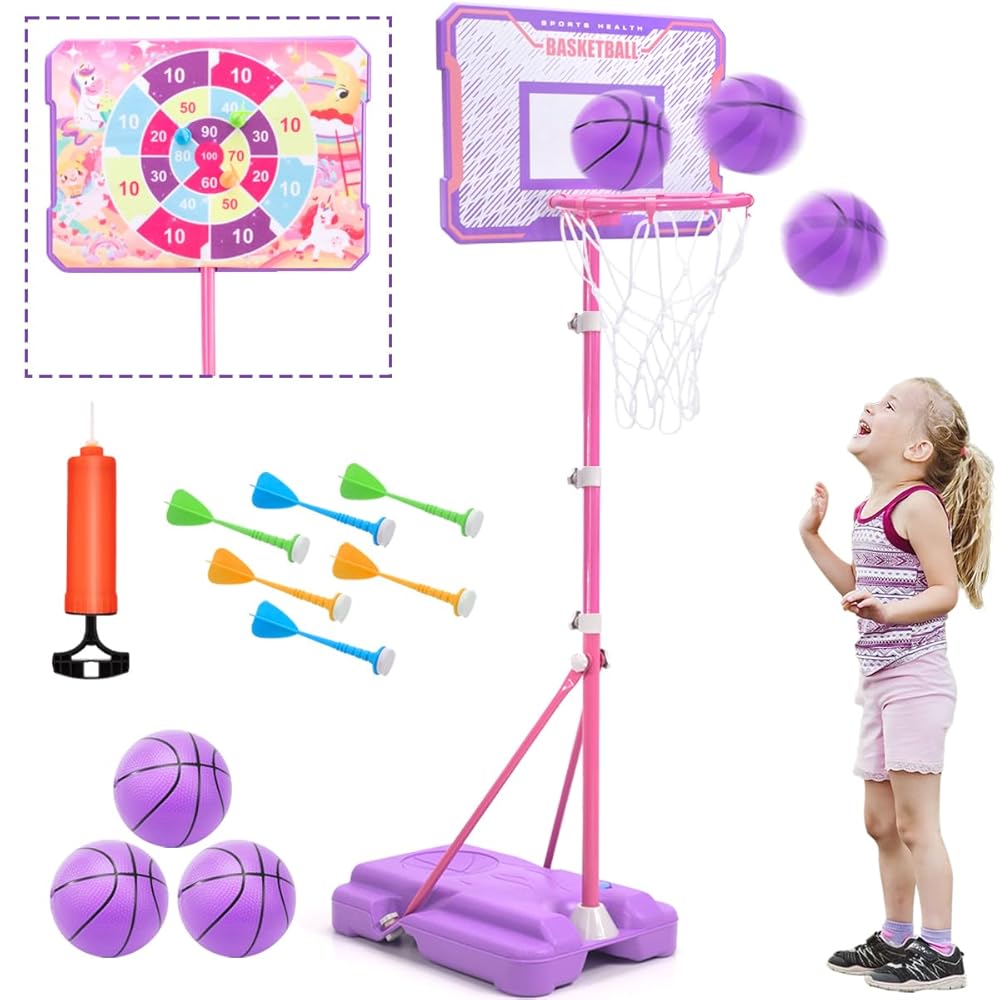Meland Kids Basketball Hoop, Pink Basketball Hoop for Kids Toddler Basketball Hoop Outdoor & Indoor with Dart Board, Adjustable Height 3.4-6.2FT Birthday Gift Toys for Girls 3 4 5 6 7 8 Years Old