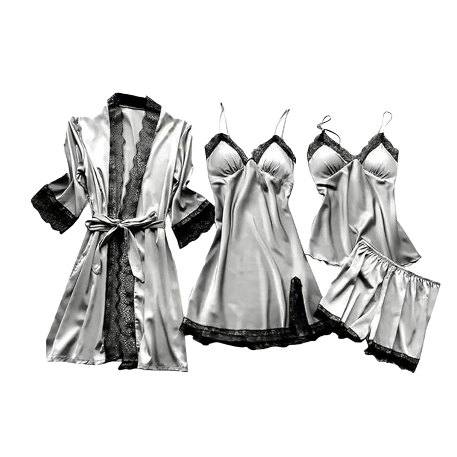 Pijamas para mujer juego de 4 piezas con camisón de albornoz de encaje y pantalones cortos