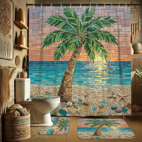 Rideau de douche palmier 183x183 avec tapis de bain ocean - 4