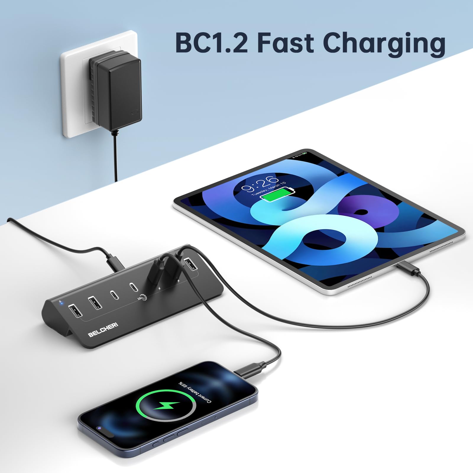 7-portowy koncentrator C z zasilaczem, USB 3.2 Gen 2, szybki skok danych 10 Gb/s, 3 porty USB-C i 4 porty USB-A