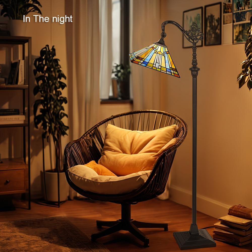 Capulina Tiffany Lamp Stained Glass Floor Lamp 62" Tall Antique Mission Soft Light Arched Adjustable Angle Tiffany Style Reading Lamp for Living Room Bedroom Study Home Office