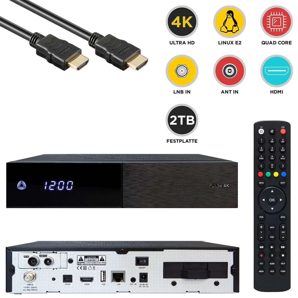 AB Pulse 4K UHD Combo Receiver (1x DVB-S2X Sat, 1x DVB-C/T2 Kabel, Linux E2, PVR, H.265, HDR10, USB 2.0, HDMI, CI, CA-Kartenleser, MicroSD-Slot, LAN, schwarz, 2TB)