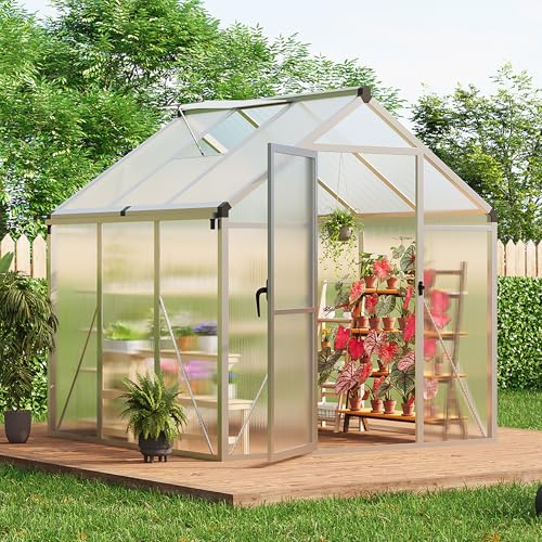 6x6 FT Greenhouse for Outdoors, Polycarbonate Greenhouse with Roof Vent, Ground Nails, Lockable Push Door, Aluminum Large Walk-in Green House for Outside Garden Backyard, Patio, Lawn, Silver