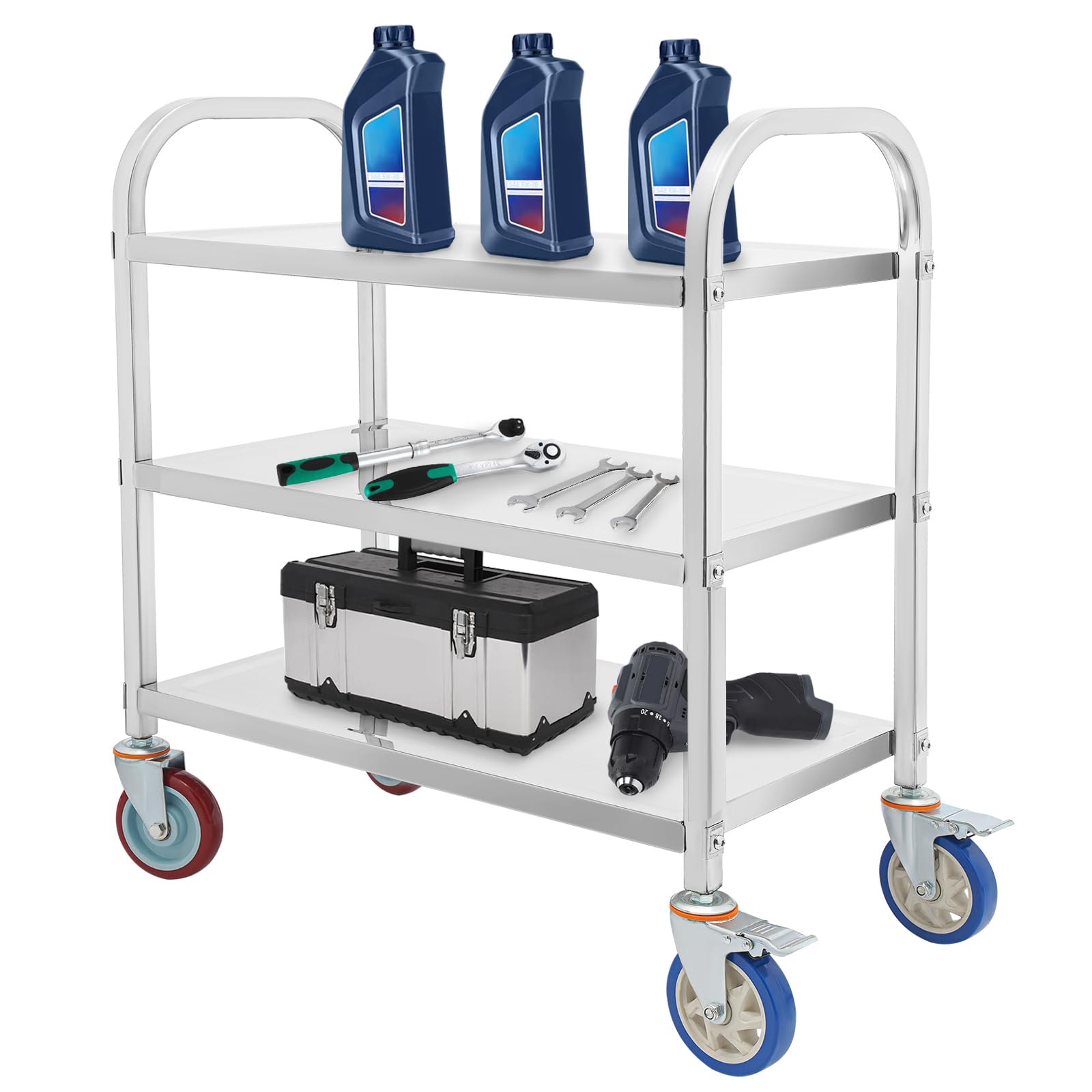 OUKANING Carro de cocina de acero inoxidable con 3 estantes, carro de servicio de alta capacidad de carga y ruedas silenciosas, isla de cocina móvil y estante de cocina para microondas, cocina