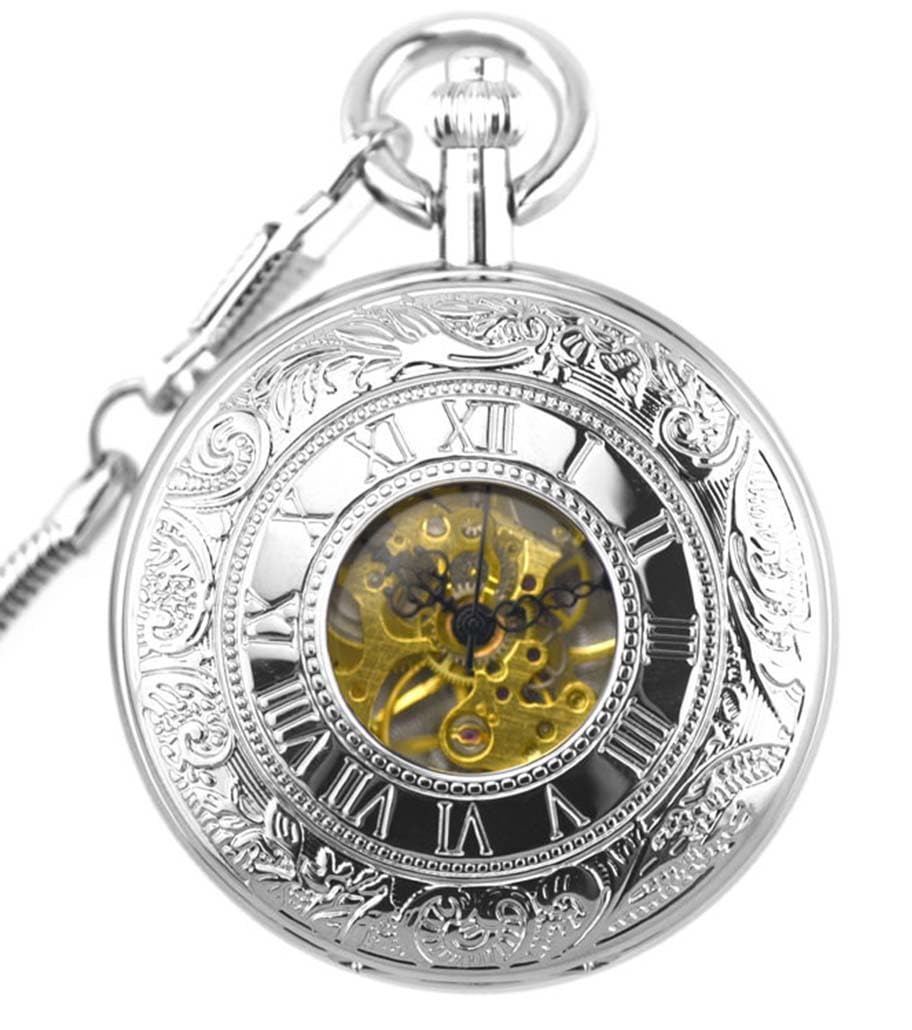 DerMacht Pocket Watches for Men Antique Roman Numeral, Silver Mechanical Skeleton Pocket Watch with Chain