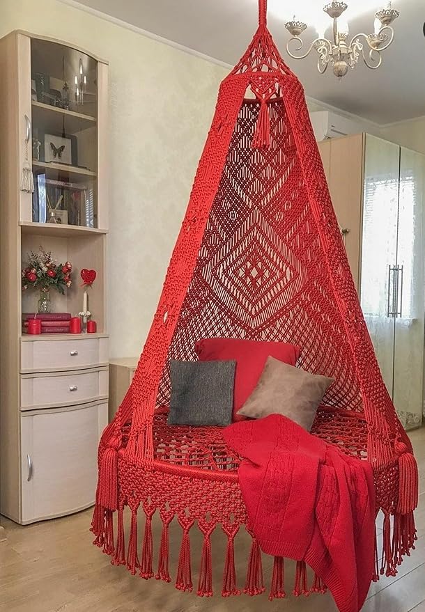Image of Macrame Hanging Chair Swing with Cushion | Handmade Boho Hammock Chair for Adults & Kids | Indoor Outdoor for Balcony, Living Room, Bedroom, Patio & Garden (Red)