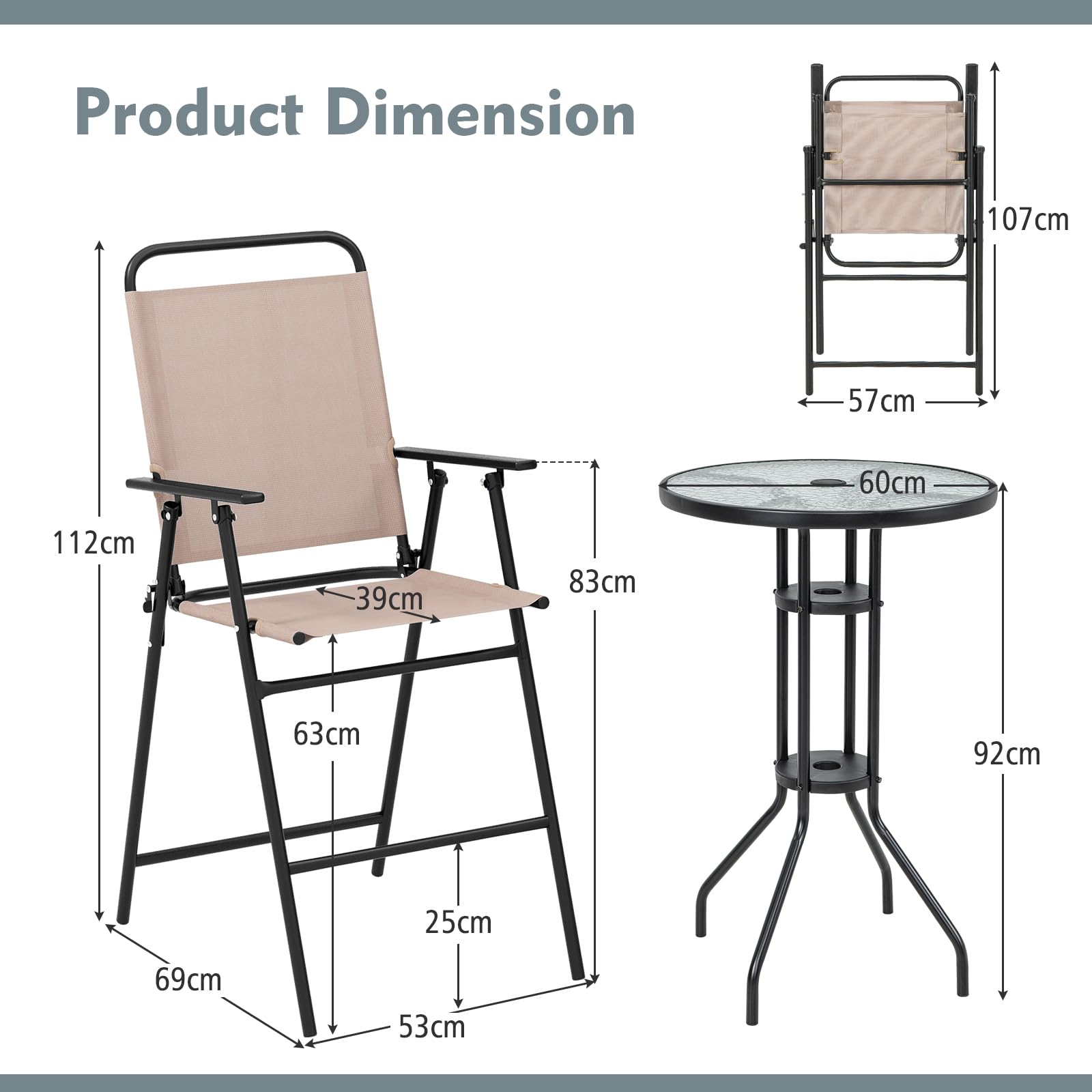 GIANTEX Table de bistrot avec 2 chaises pliantes, 3 pièces - Ensemble de bistrot - Table de balcon ronde - Chaises et table pour balcon - Meubles de jardin