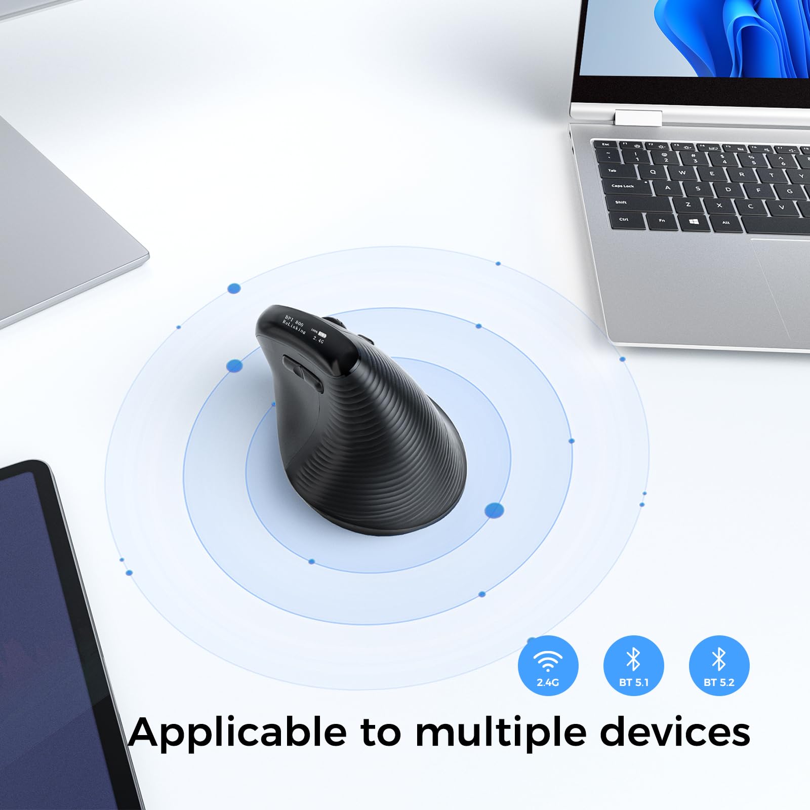 KYSONA Mouse ergonomico wireless con schermo OLED, mouse verticale Ergo ricaricabile, clic silenzioso, Bluetooth e 2,4 G, 5 DPI regolabili 800-6400 per laptop/PC/desktop/computer/iPad, nero