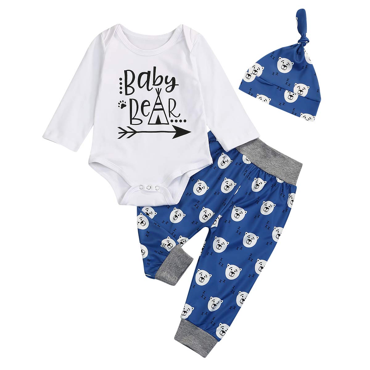 Newborn Baby Boys Girls Clothes Baby Bear Long Sleeve Bear Print Pants Outfit Sets + Hat 0-3months White-Blue