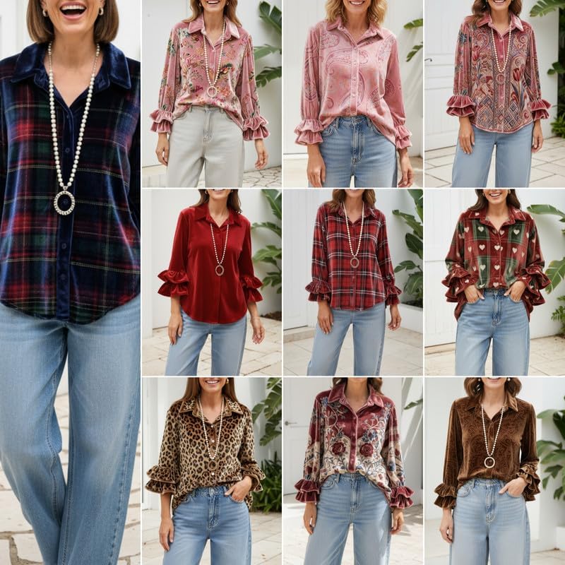 Velvet Shirts for Women Vintage Ruffle Sleeve Lapel Dressy Casual Floral Graphic Blouse Tops - Image 3