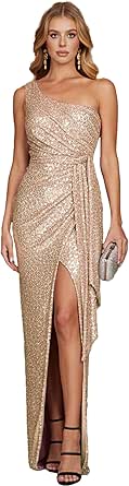 Women's One Shoulder Sequin Prom Maxi Dress with Ruching and Slit