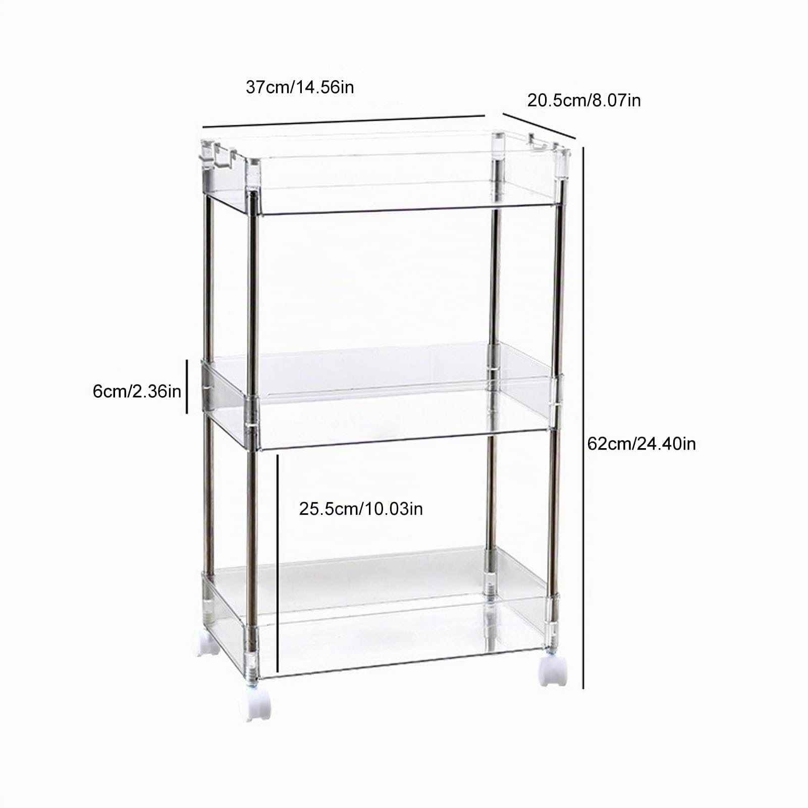Carrito de almacenamiento de acrílico delgado con ruedas, organizador transparente para cocina, baño, dormitorio, sala de estar, (3 capas)