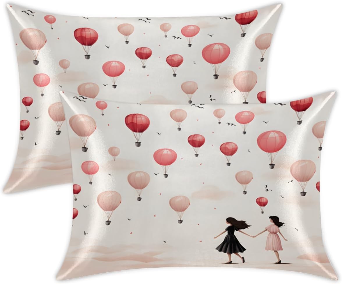Girls with Balloons Satin Pillowcase Set of 2, Silk Pillowcase for Hair and Skin 20x40” Luxury Smooth King Size Satin Pillow Cases with Zipper Gifts for Women Men