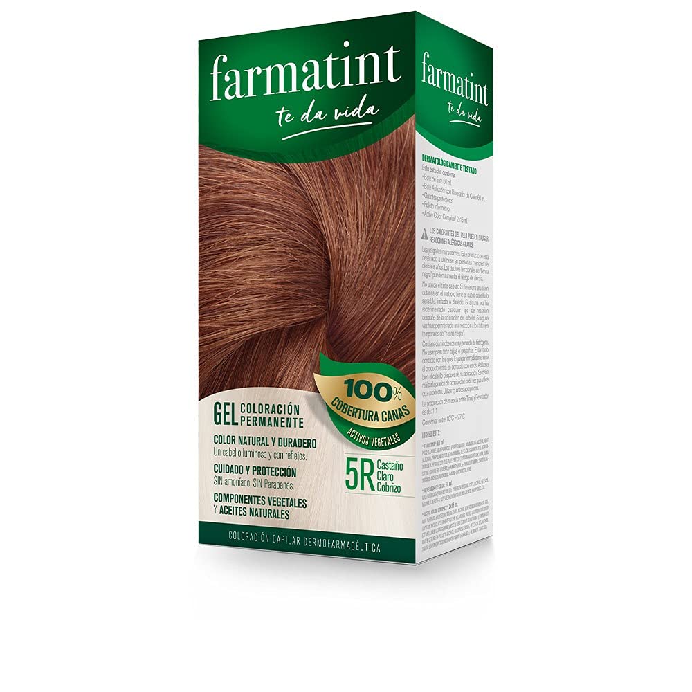 Farmatint 5R Castaño Claro Cobrizo, Tinte Vegetal Permanente, Sin Amoníaco, Cobertura Completa de Canas, Cuida y Protege tu Cabello, Unidad de 135ml, El embalaje puede variar