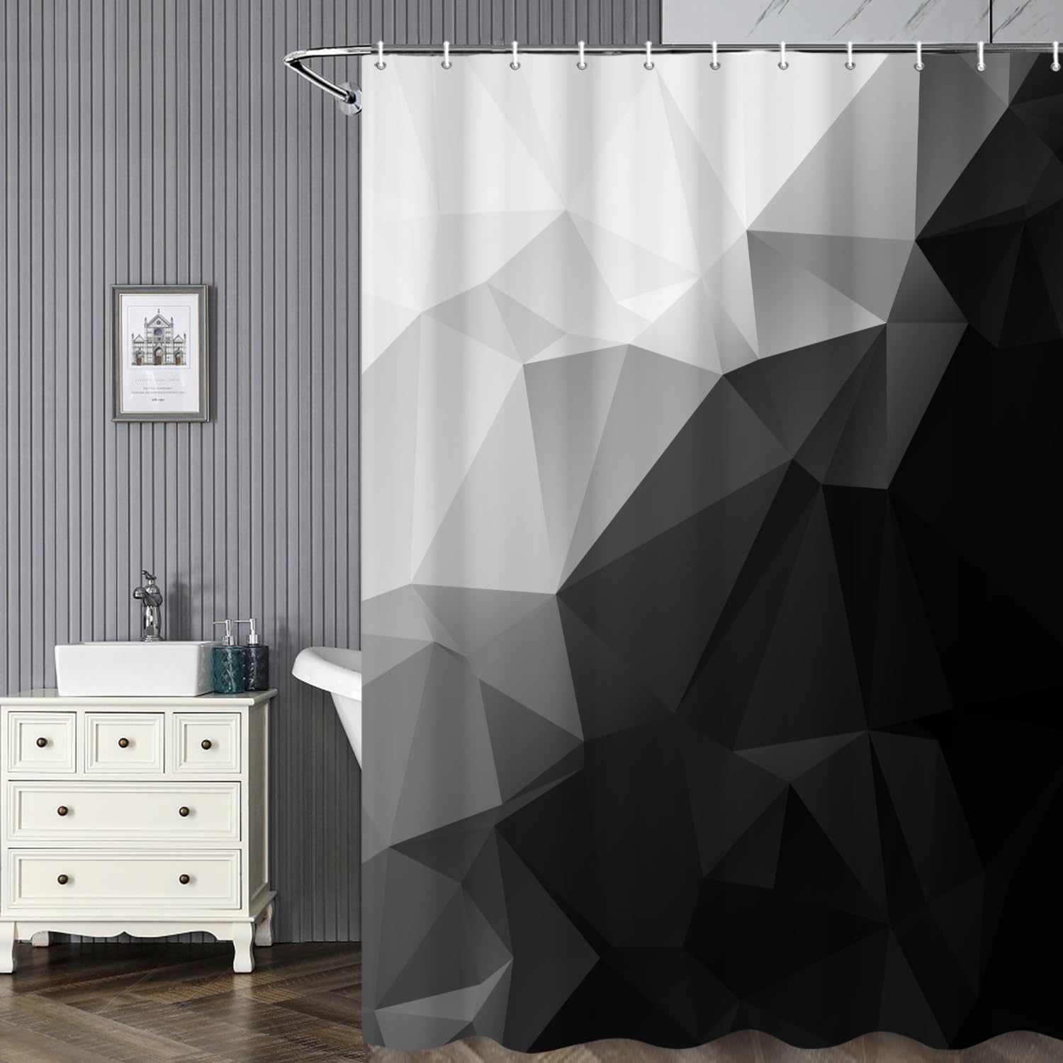 Black and White Bathroom Shower Curtain Abstract Stereoscopic Geometric Pattern with Hooks, Polyester Waterproof Fabric Modern Minimalist Art Decor, 72x84 Inch