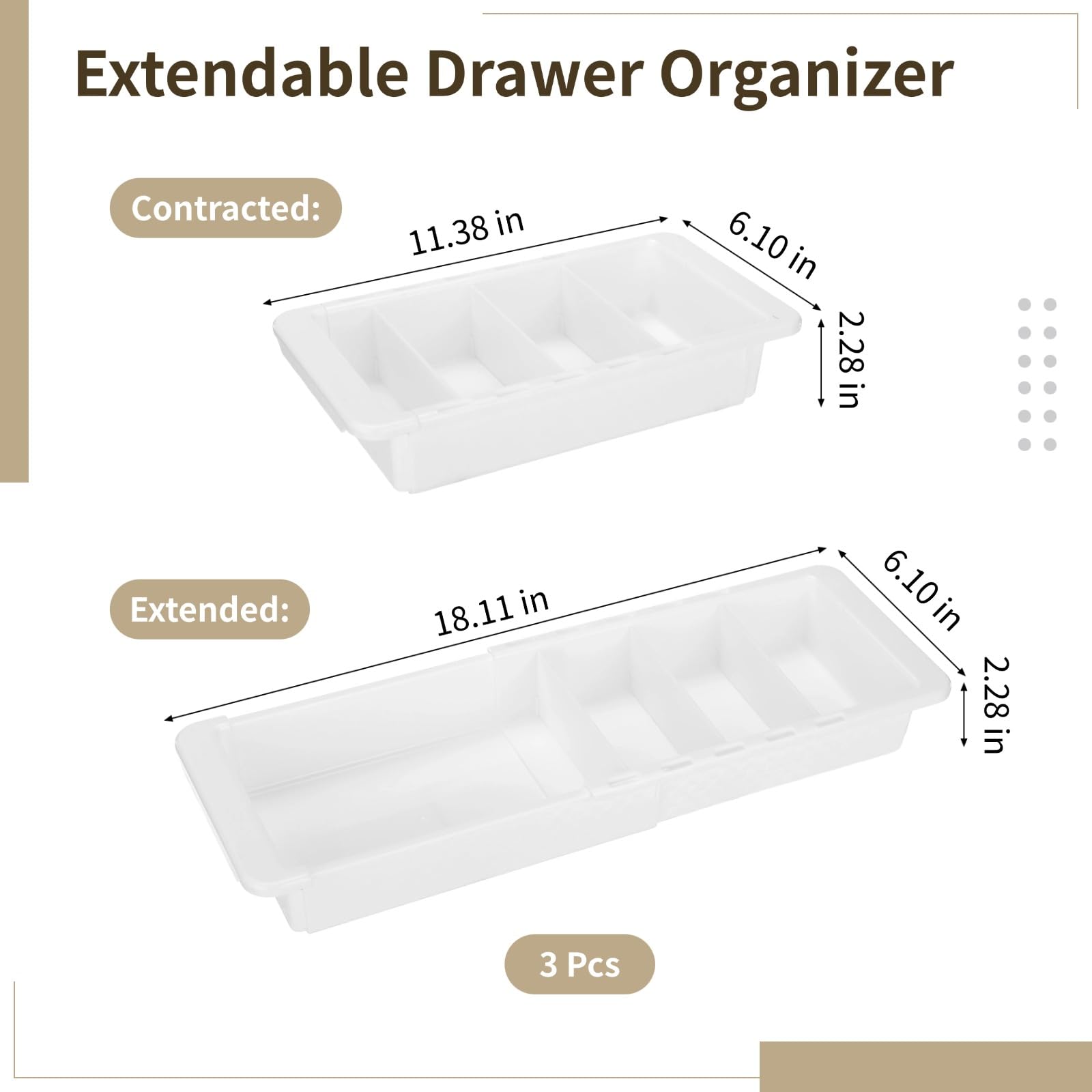 Set di 3 organizer estensibili per cassetti, in plastica bianca, con scomparti divisi, regolabili da 29 cm a 46 cm, per scrivania da ufficio, cucina, bagno, comò
