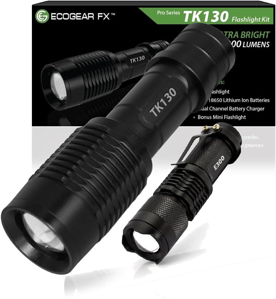 Emergency LED Flashlight Kit - EcoGear FX TK130 Kit - 5 Light Modes, High Lumen Output, Adjustable Zoom Focus - Water Resistant with Rechargeable Batteries and Charger - Perfect Gift for Men