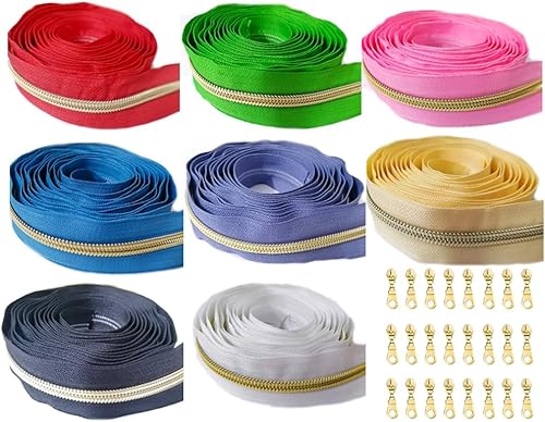 The Yard - Cinta de cremallera #5, cremallera de nailon con dientes dorados, cinta de 24 yardas con 24 tiradores para manualidades de costura a