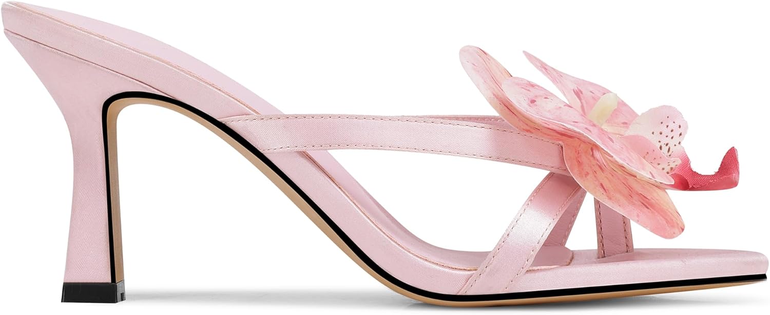 Women's Flower Kitten Heels Slide Sandals Comfortable Slip On Open Toe Summer Weddings Parties Beach Floral Heels Sandals