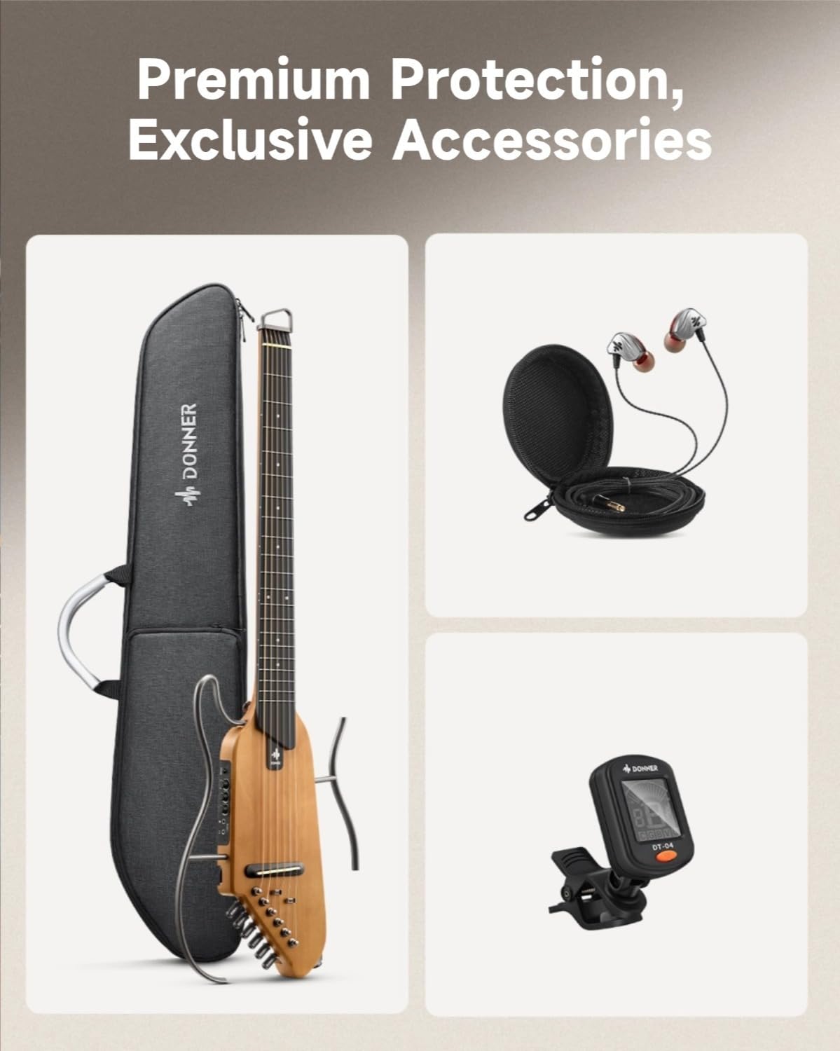 Donner HUSH-I Guitare Portable Sans Tête - Guitare Acoustique-électrique Ultra-légère et Silencieuse Pour les Voyages, Corps en érable Avec Cadres Amovibles, Housse de Transport et Accessoires.
