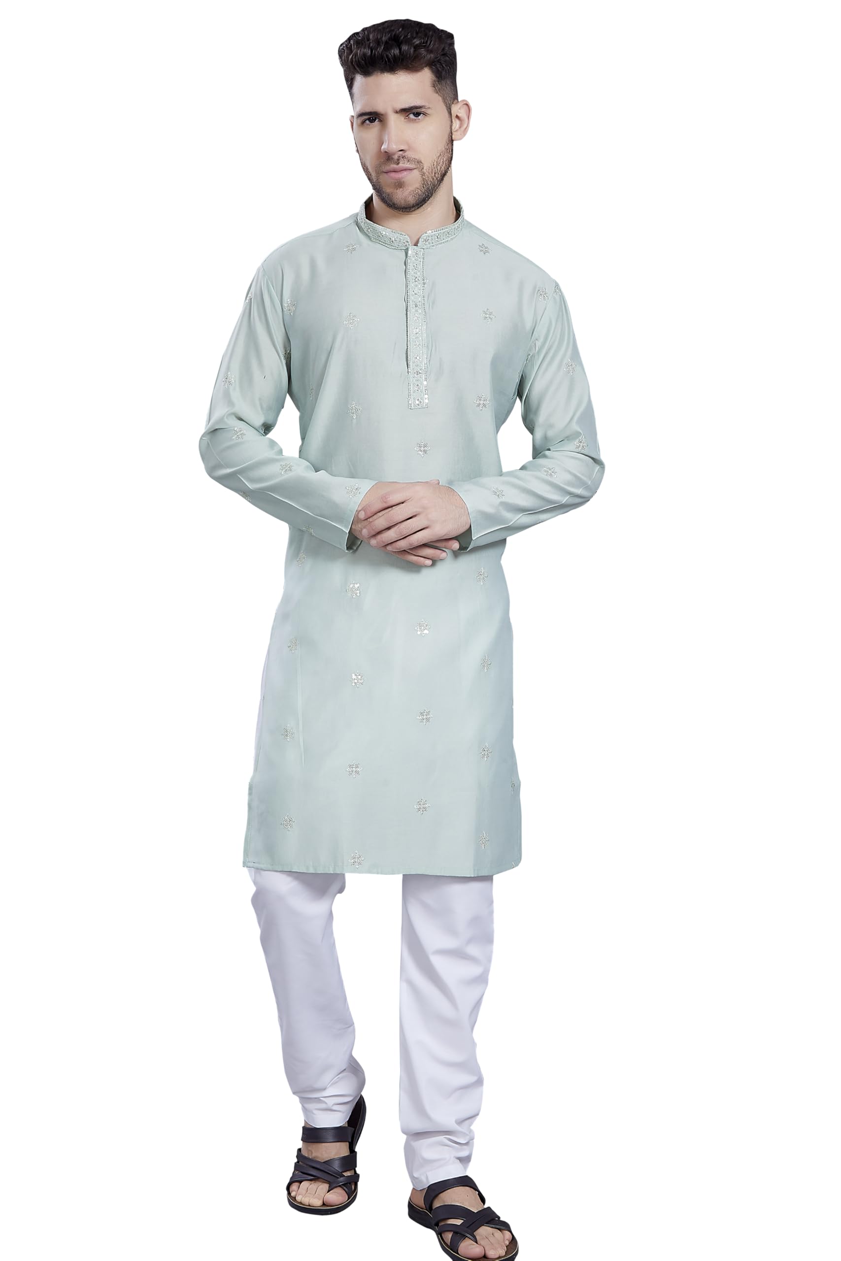 Divisive Men's Embroidered Silk Blend Only Slim Fit Kurta (Dkrt829_M_Pista)