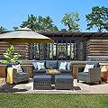 ovios 6 Pieces Patio Furniture Set, Outdoor Wicker Rattan Sofa Couch with Glass Table, Chairs, Comfy Cushions, Conversation Sets for Porch Deck Garden, Denim Blue