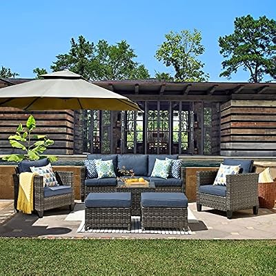 ovios 6 Pieces Patio Furniture Set, Outdoor Wicker Rattan Sofa Couch with Glass Table, Chairs, Comfy Cushions, Conversation Sets for Porch Deck Garden, Denim Blue