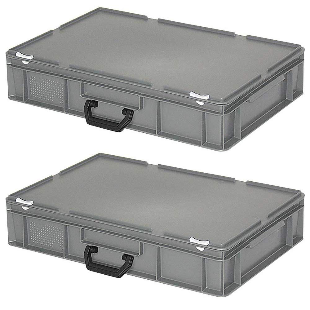 2 plastikowe walizki pudełko z pokrywą zawiasową, dł. x szer. x wys. 600 x 400 x 130 mm, PE-HD, szare