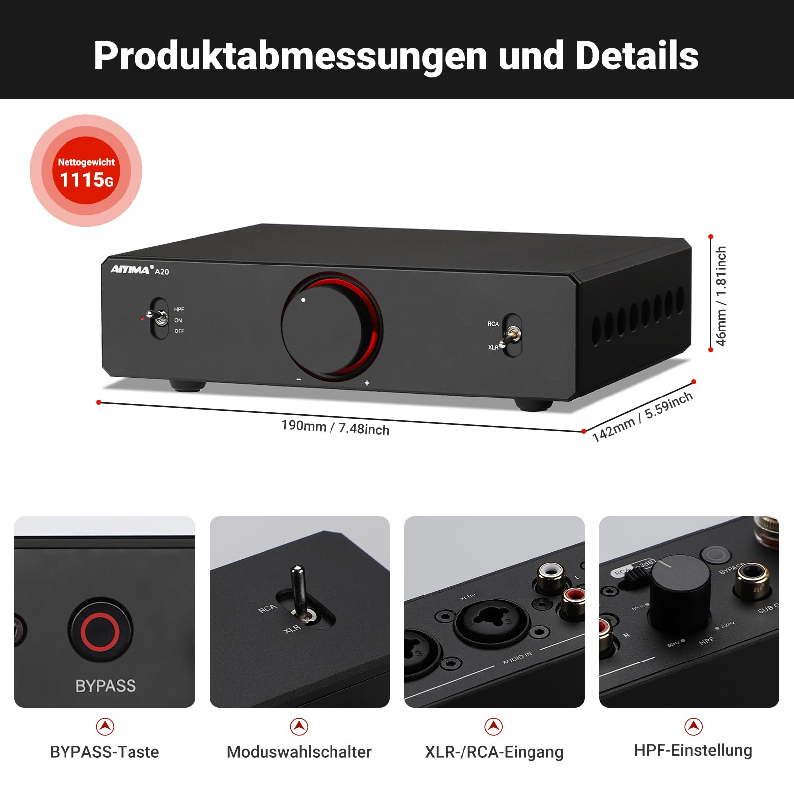 AIYIMA A20 Symmetrischer Stereoverstärker mit HPF-Einstellung Home HiFi 2.0/2.1 TPA3255 Desktop-Verstärker der Klasse D PFFB mit Cinch-/XLR-Eingang und 12-V-Trigger-Eingang für Passive Lautsprecher