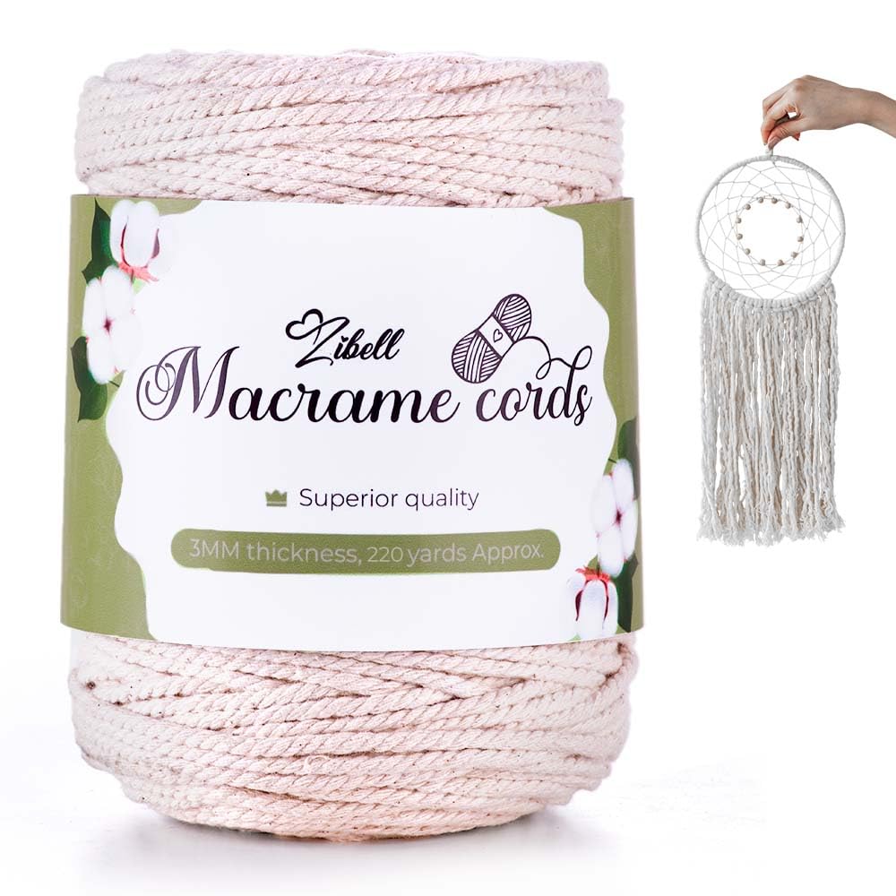 ZIBELLMacrame Cord 3mm x 110 Yards, 100% Natural Cotton Cord Macrame Rope Twisted Macrame String Wall Hanging Plant Hangers Gift Wrapping DIY Crafts Knitting Wedding Christmas Decorations