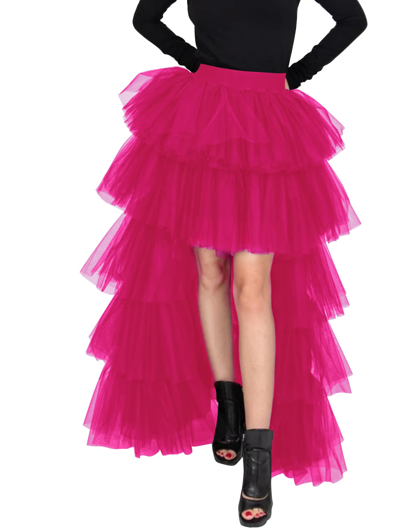 Women's High Low Tutu Skirts Sweet Elastic Waist Tulle Layered Ruffles Mesh Long Tiered Skirt