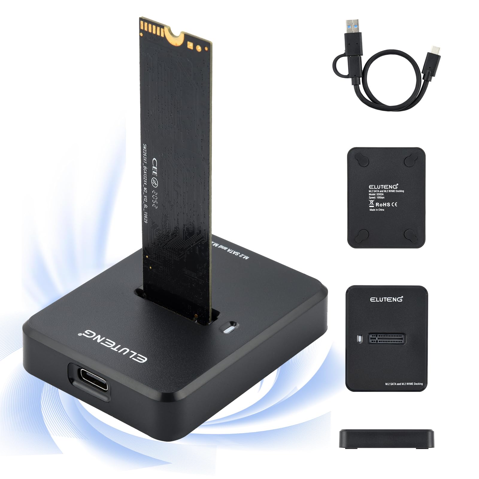 ELUTENG Station D’Accueil M.2 NVME & SATA, Boîtier Externe SSD NVMe USB 3.1 10 Gbps vers USB pour clé M-Key B&M-Key, Adaptateur Double Protocole pour SSD 2230/2242/2260/228