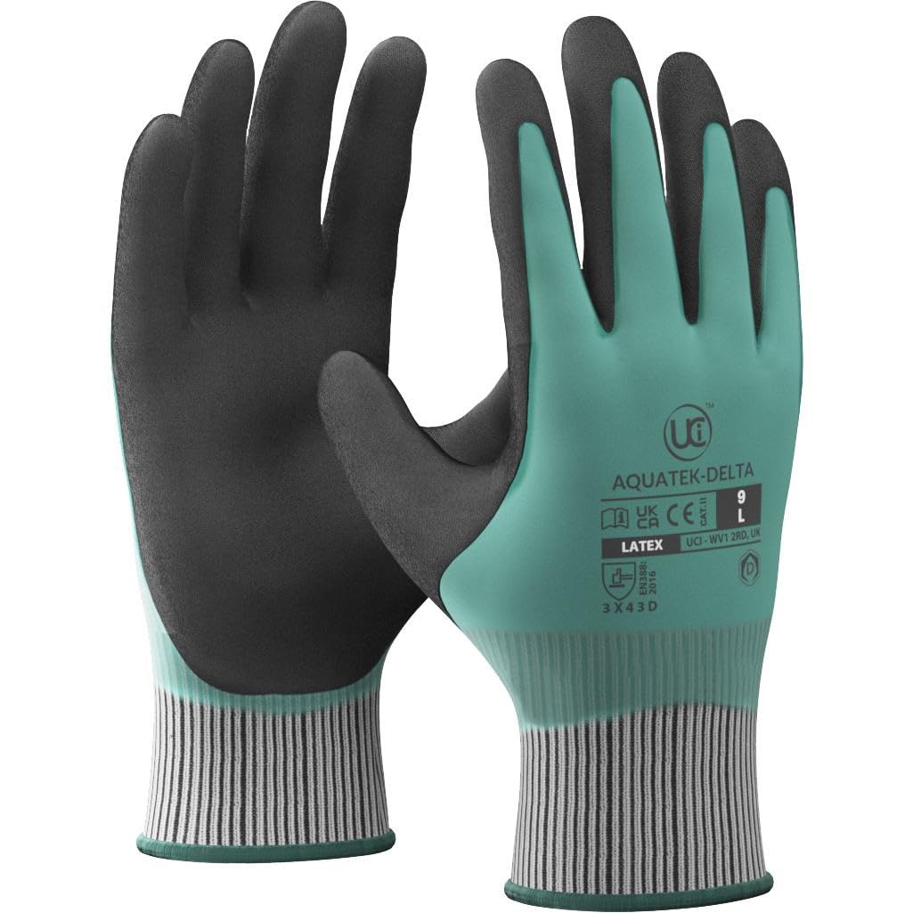 UCi AQUATEK-DELTA Lot de 10 gants de travail en latex double revêtement ISO Cut D Forme anatomique Doublure en acier HPPE 3 x 43D (11/XXL)
