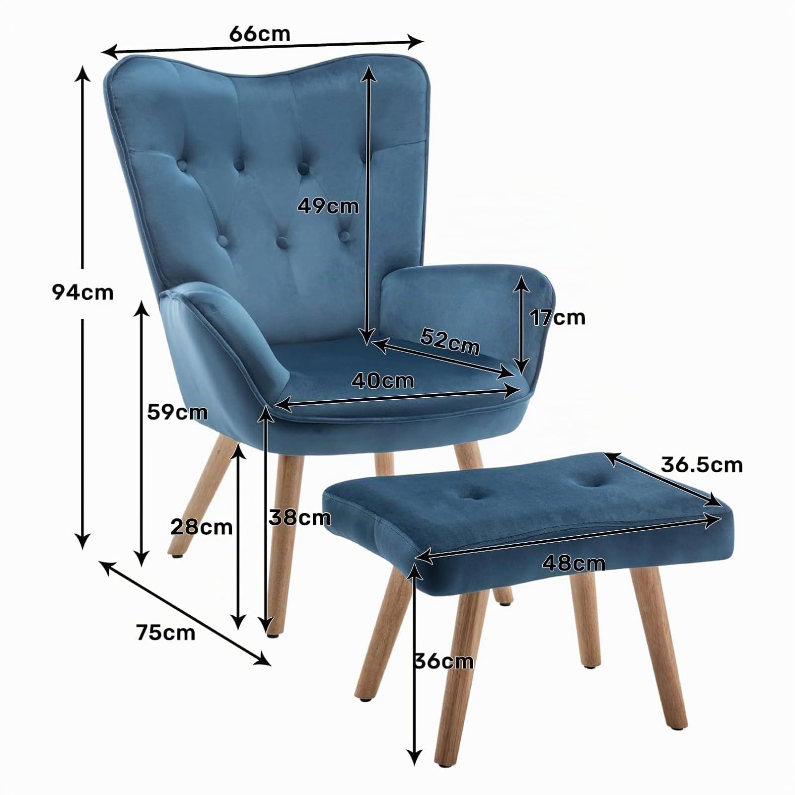 HollyHOME Ohrensessel mit Hocker Sessel mit Hocker Sessel Wohnzimmer & Schlafzimmer Samt Relaxsessel Lesesessel Lounge Sessels Armlehnensessel, Blau