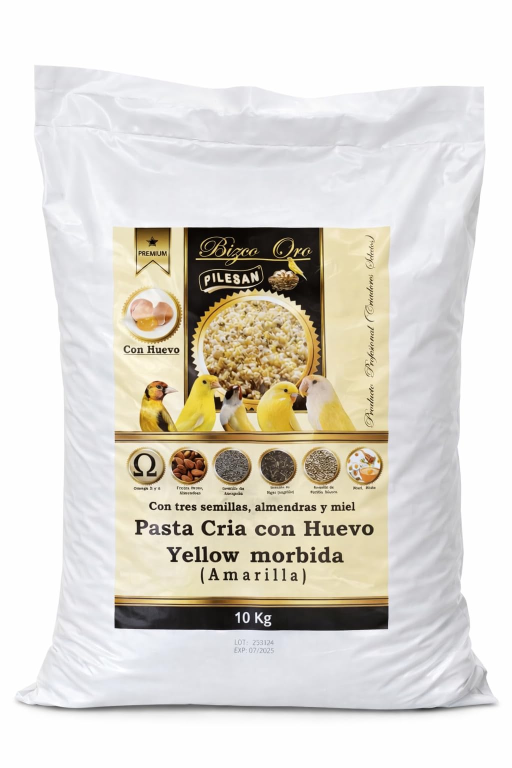 PILESAN Bizco Oro Pasta de Cría con Huevo Amarilla Mórbida para Canarios, con Tres Semillas, Almendras y Miel, 10 kg