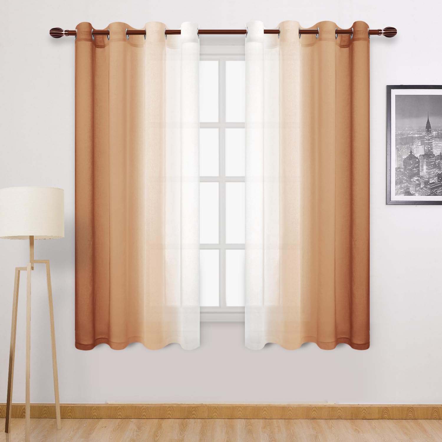 DWCN Fall Faux Linen Ombre Sheer Curtains - 63 inches Long Gradient Semi Voile Curtains for Bedroom and Living Room, Set of 2 Grommet Top Window Curtain Panels, W52 x L63 Inches, Burnt Ochre