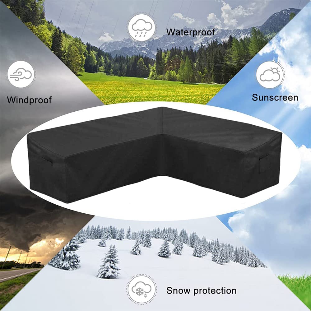 L-vormige Tuinmeubelhoes, Waterdichte 210d Zware Terrasmeubelhoezen, Buiten Sectionele Bank Rotan Hoekbank Tafel Stoelbescherming, Zwart,Right L 286x222x78cm