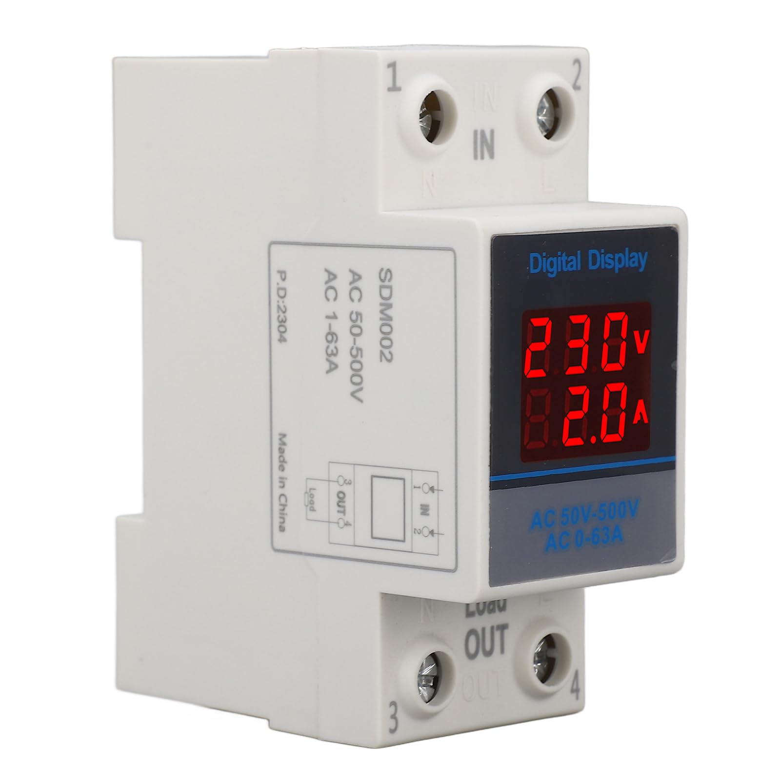 SDM002 Voltmetro Amperometro Guida DIN 35mm - Doppio Display LED per Monitoraggio Tensione/Corrente AC50-500V, Precisione ±2% con Trasformatore Integrato