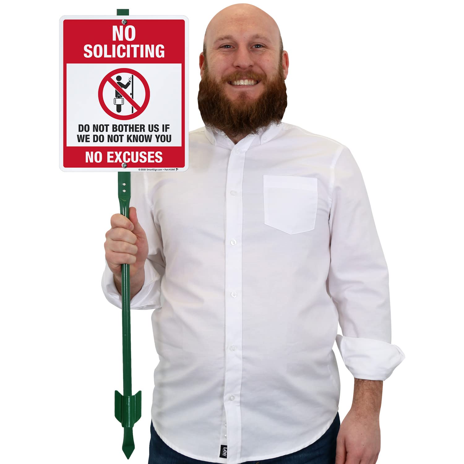 SmartSign 12 x 10 inch “No Soliciting - Do Not Bother Us If We Do Not Know You, No Excuses” Yard Sign with 3 foot Stake, 40 mil Laminated Rustproof Aluminum, Red, Black and White, Set of 1