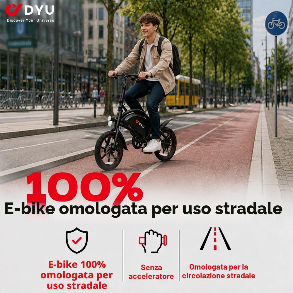 DYU D3S Bicicletta elettrica pieghevole da 14 pollici, velocità massima di 25 km/h, portata 40 km, freni a disco, pieghevole, per ragazzi e adulti