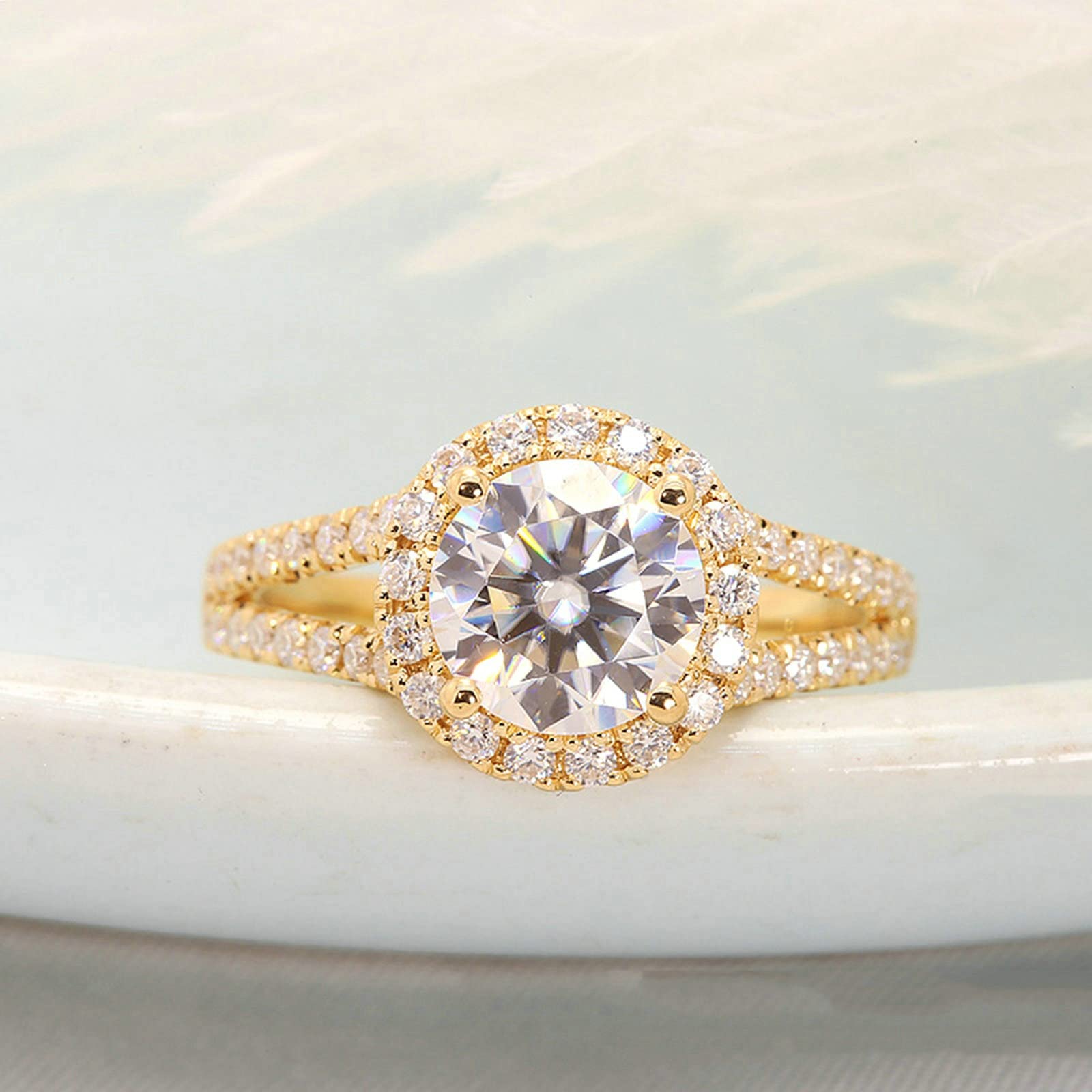 Anillos de boda para mujer, anillo de compromiso de oro de 18 quilates para ella, halo hueco de 4 puntas, moissanita redonda, anillo de compromiso de oro de 2 quilates