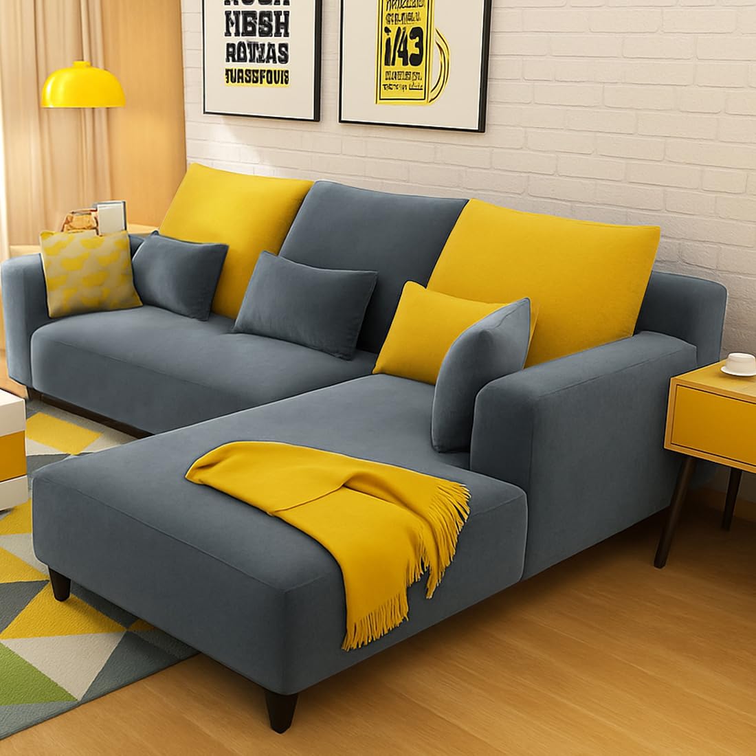 FURNY Mintora 4 Seater Fabric RHS L-Shape Sofa Set with Extra Cushions (Dark Grey) Premium Velvet Finish | Ideal of Living Room FURNY Mintora 4 Seater Fabric RHS L-Shape Sofa Set with Extra Cushions (Dark Grey) Premium Velvet Finish | Ideal of Living Room