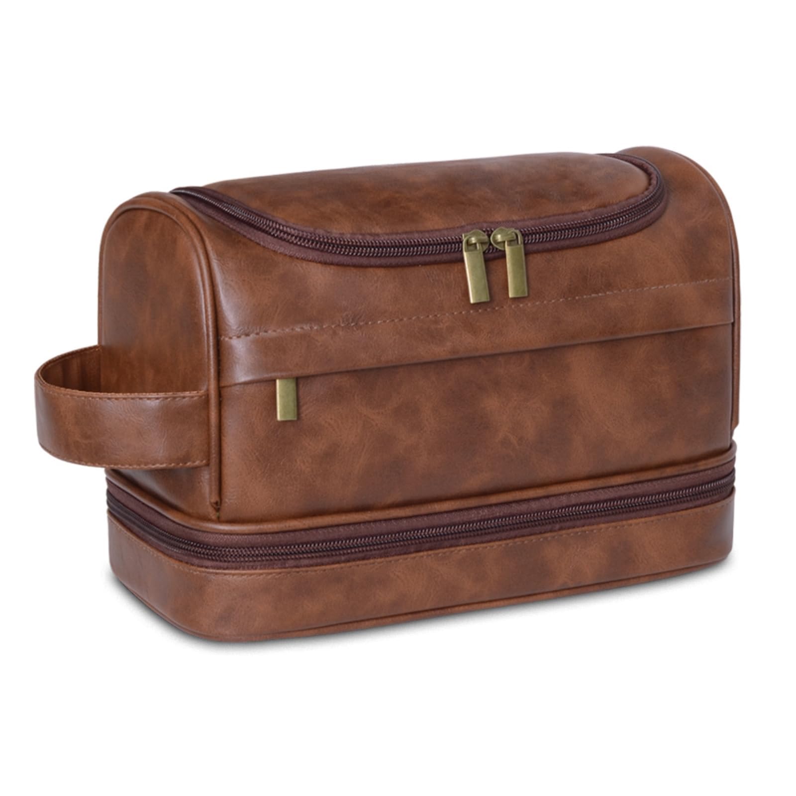 HJDMO Kulturbeutel aus PU-Leder, doppellagig, zum Aufhängen, Kulturbeutel mit Haken, neutral, tragbar, Reise-Kosmetiktasche, wasserabweisend, Rasierset, Rotbraun, 27.5cm×13cm×18cm, Klassisch