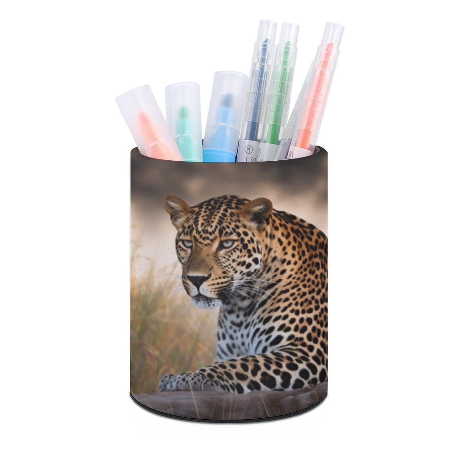 VstaDank African Animal Leopard Pen Holder PU Leather Pencil Cup Minimalist Desk Pencil Holder Round Make Up Brush Organizers For Office Dorm Room&Vanity Desk Accessories