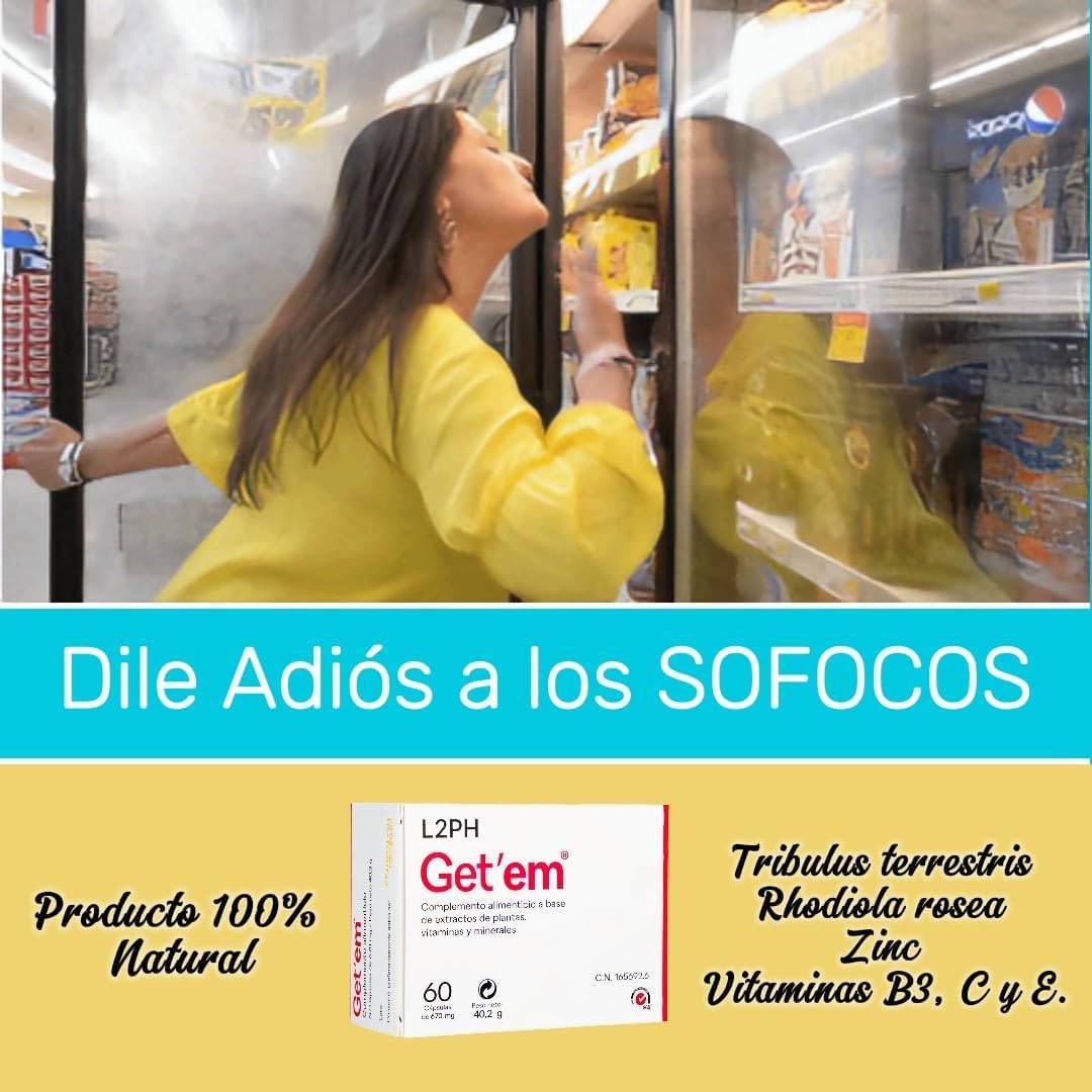 GET'EM – Complemento Alimenticio para los efectos de la Menopausia y Andropenia y Equilibrar el Bienestar Físico y Emocional. (60 Cápsulas). Tribulus terrestris, Rhodiola rosea, Vitaminas, Minerales