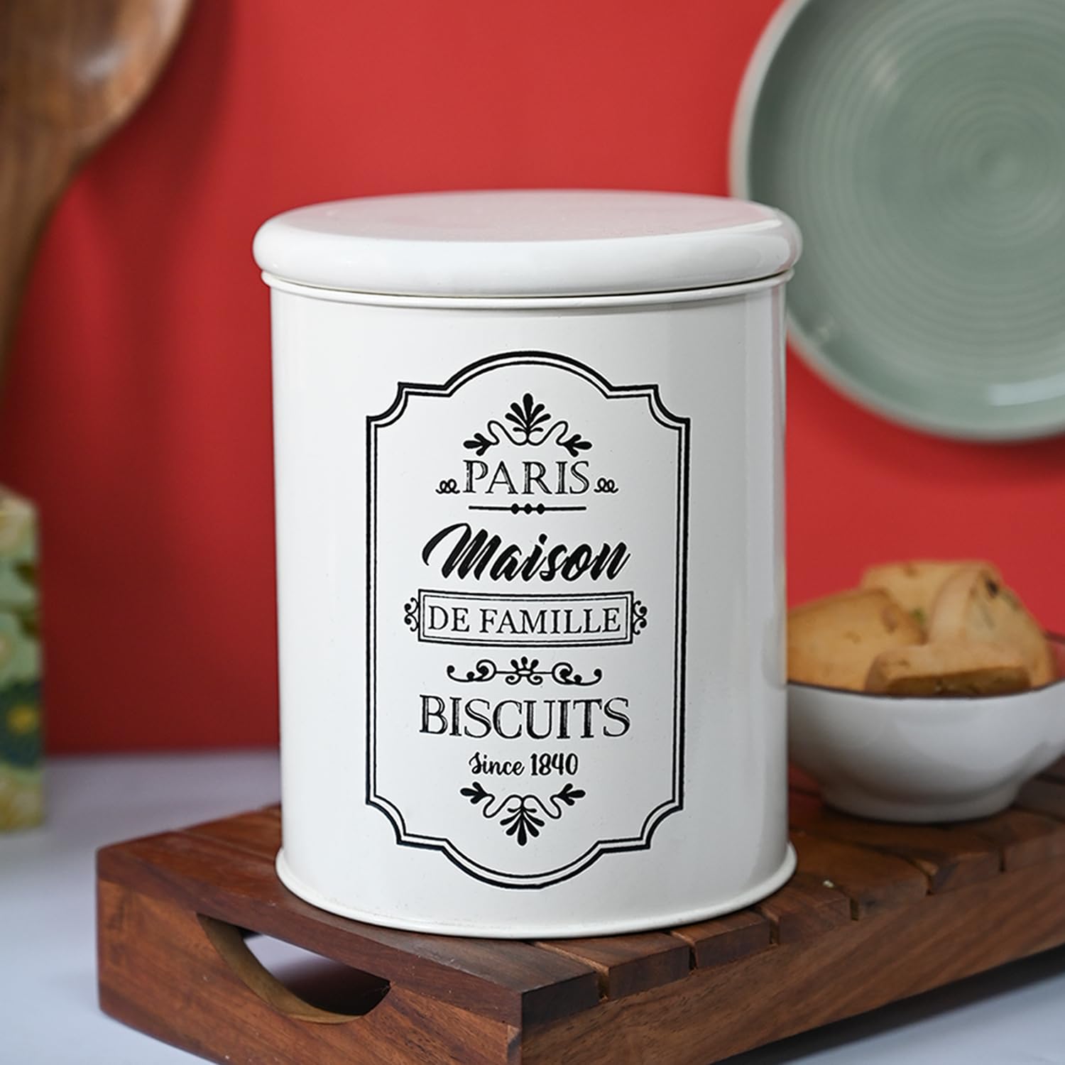 Market99 Ivory Metal Biscuit Jar (1700ml) | Galvanised Iron Cylindrical jar For kitchen Storage | Airtight and Stylish Canisters for Organized Pantry & Countertop